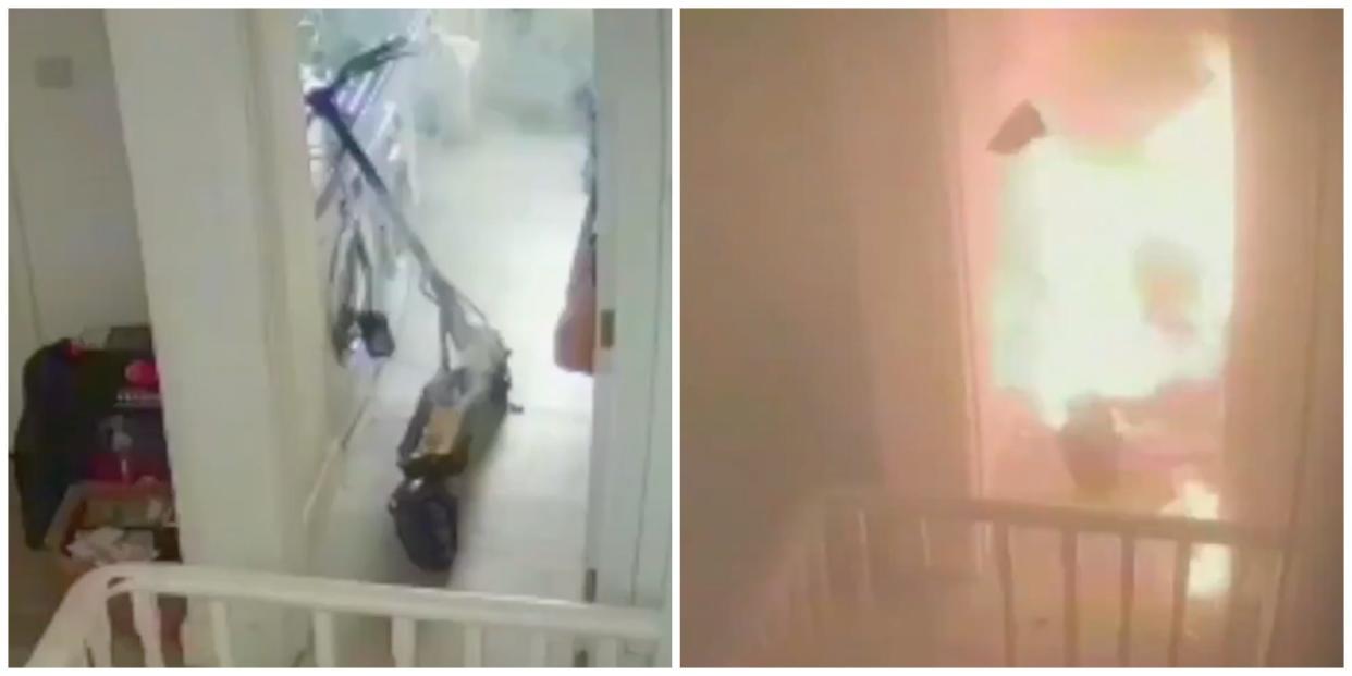 A composite image shows stills from the video before and after the scooter's battery caught on fire.