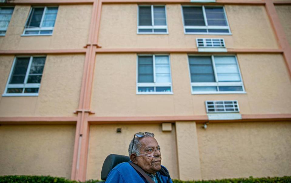 Juan Salazar, 77, outside of his apartment home in Little Havana, Florida on Saturday, February 5, 2022. Salazar explained his party affiliation was changed from Democrat to Republican without his permission.