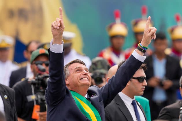 Brazil's President Jair Bolsonaro points up during a military parade to celebrate the bicentennial of the country's independence from Portugal, in Brasília, Brazil, Sept. 7. (Photo: AP Photo/Eraldo Peres, File)