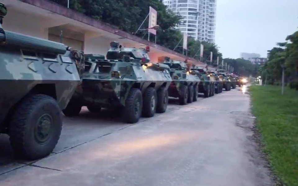 Tanks queue in Shenzhen for what the mainland is calling a drill near the Hong Kong border. Source: China Plus
