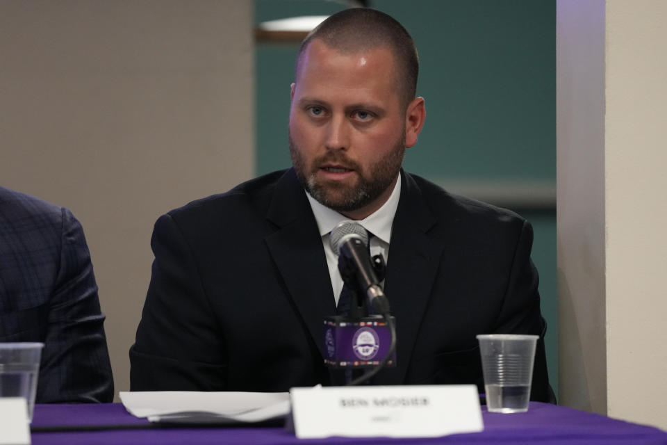 Ben Mosier, of the Horseracing Integrity and Safety Authority, speaks during a safety briefing ahead of the Breeders' Cup horse race Wednesday, Nov. 1, 2023, in Arcadia, Calif. (AP Photo/Ashley Landis)