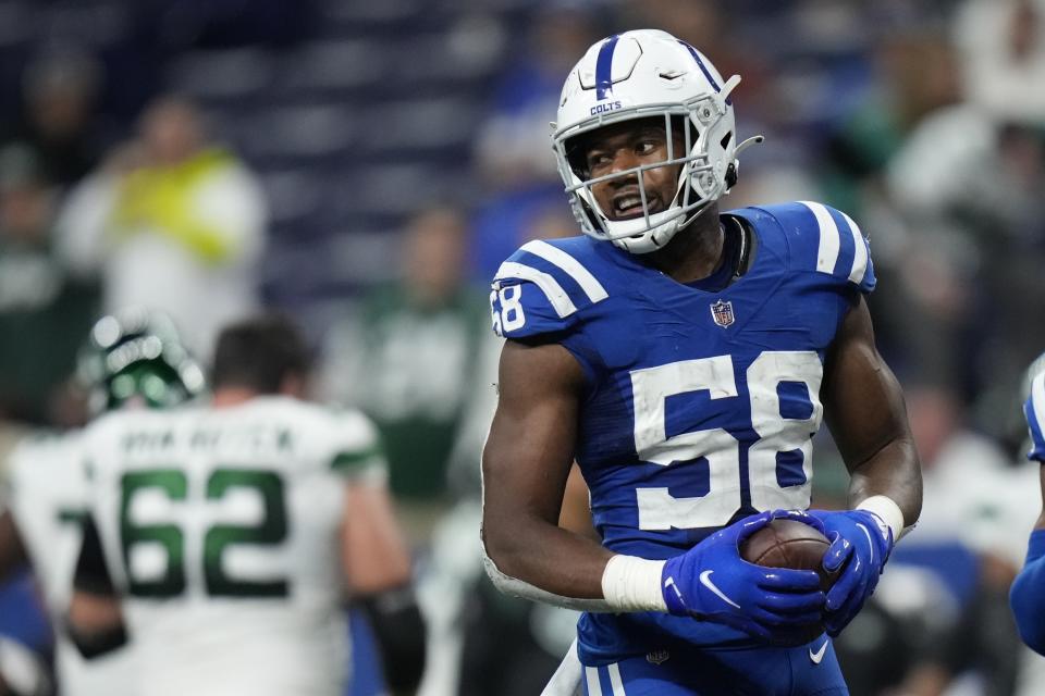 Indianapolis Colts' Bobby Okereke (58) ruined the hopes of Jets bettors. (AP Photo/AJ Mast)