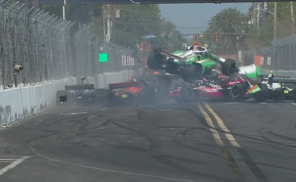 Devlin DeFrancesco went airborne during a Lap 1 crash of IndyCar's season-opener at St. Pete.
