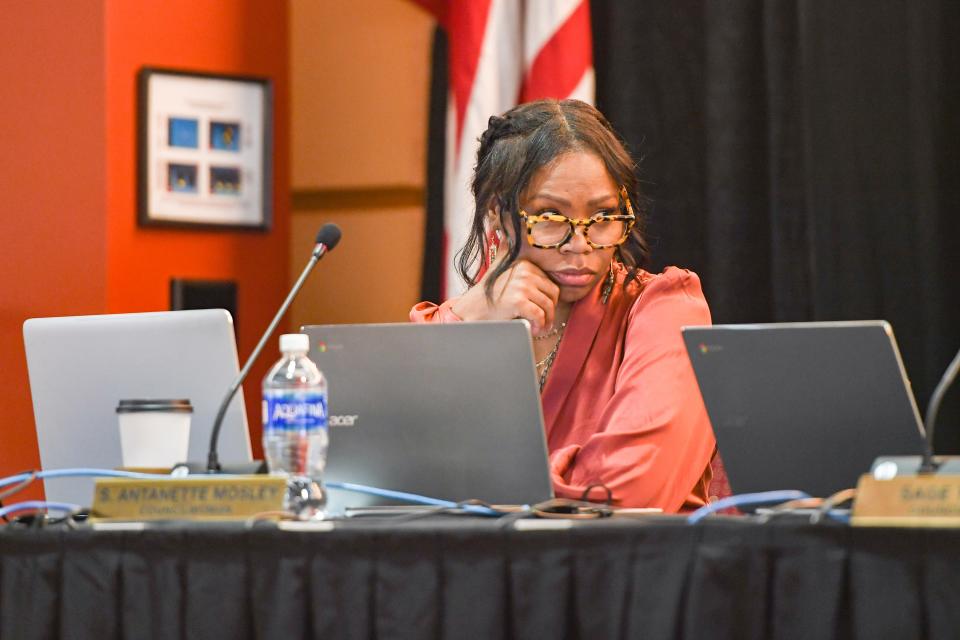 Asheville councilwoman S. Antanette Mosley listens to mayor Esther Manheimer at an open space standards worksession before a formal city council on March 8, 2022.