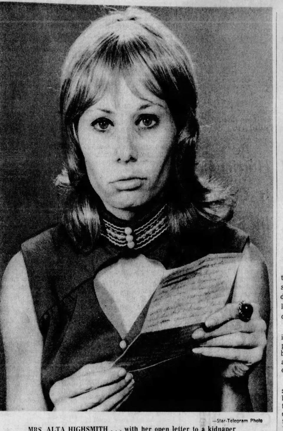 A photo of Alta Highsmith that appeared with her open letter to her daughter’s kidnapping in the Fort Worth Star-Telegram on Sept. 8, 1971.