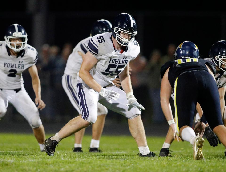 Fowler's Evan Curtiss is shown against Pewamo-Westphalia, Friday, Sept. 29, 2023, at Pewamo-Westphalia High School.