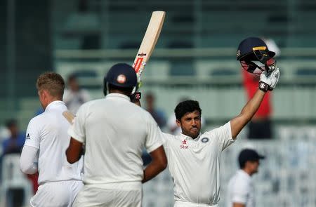 Cricket - India v England - Fifth Test cricket match - MA Chidambaram Stadium, Chennai, India - 19/12/16 - India's Karun Nair celebrates his double century. REUTERS/Danish Siddiqui