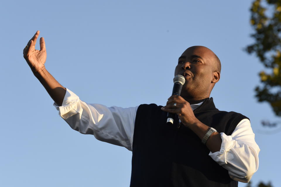 Democratic U.S. Senate candidate Jaime Harrison speaks at a campaign rally on Saturday, Oct. 17, 2020, in North Charleston, S.C. (AP Photo/Meg Kinnard)