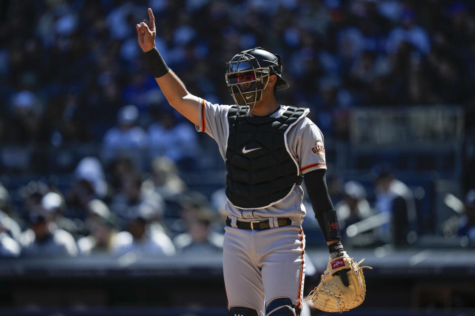San Francisco Giants catcher Blake Sabol gestures during the second inning of a baseball game against the New York Yankees at Yankee Stadium, Sunday, April 2, 2023, in New York. (AP Photo/Seth Wenig)