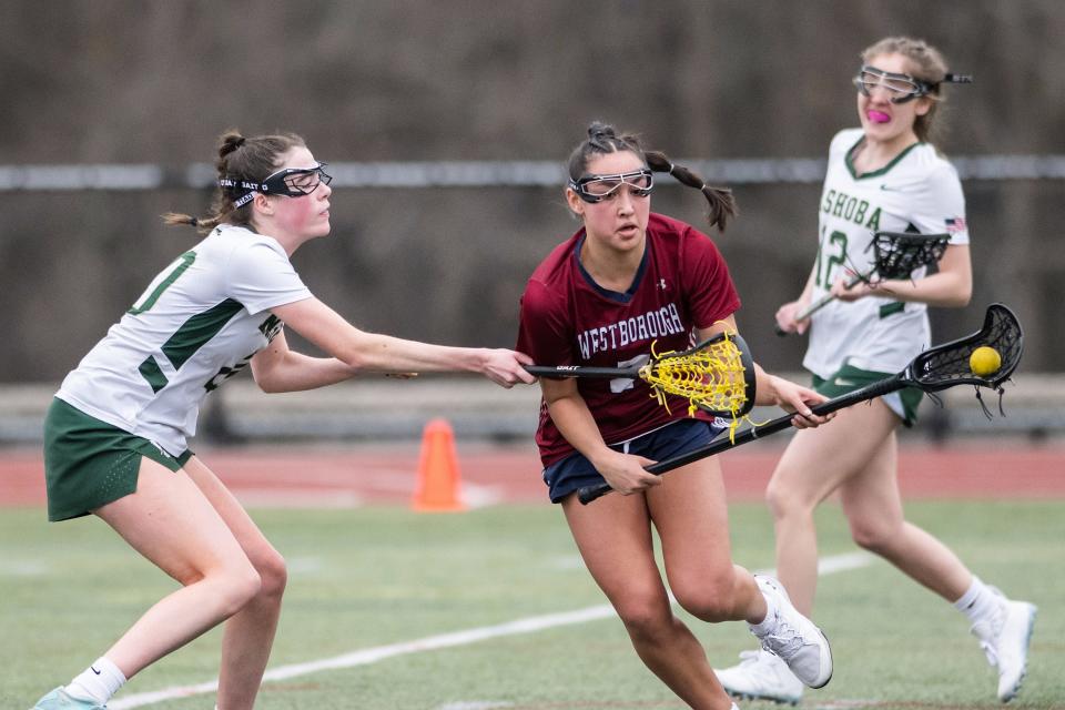 Westborough's Lilly Villaflor gets past the defense of Nashoba's Lauren DiTullio.