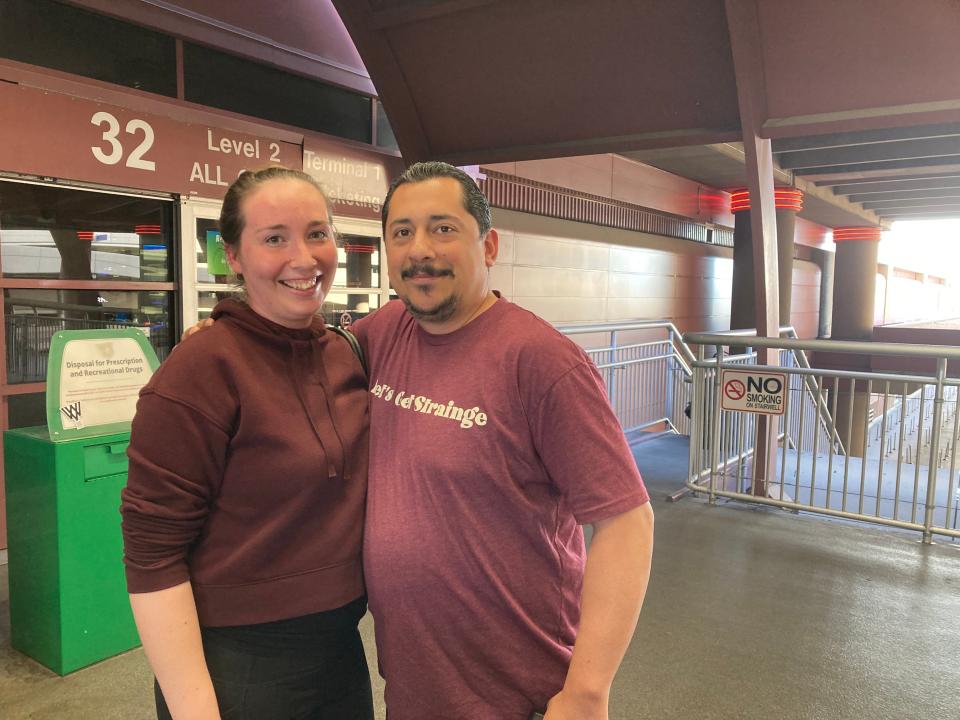 Jose Hernandez and his fiancee arrive in Las Vegas on April 18, happy to be free of mandated masks.