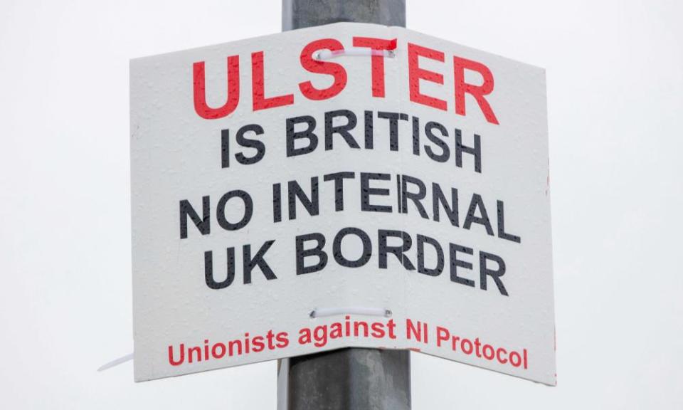 A unionist poster attached to a post at the port of Larne in County Antrim