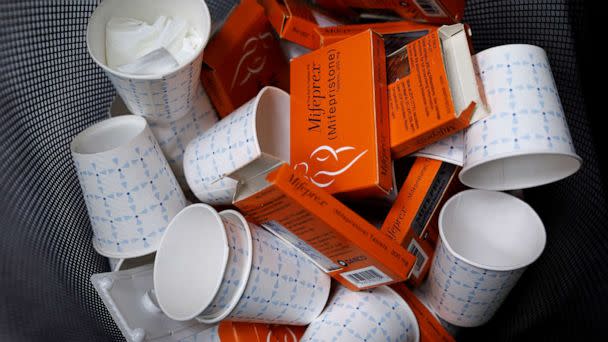 PHOTO: Used boxes of Mifepristone pills, the first drug used in a medical abortion, fill a trash at Alamo Women's Clinic in Albuquerque, N.M., Jan. 11, 2023. (Evelyn Hockstein/Reuters, FILE)