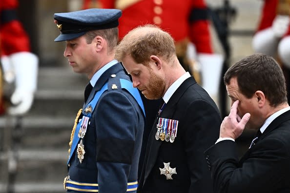 <div class="inline-image__caption"><p>Britain's Prince William, Prince of Wales (L) and Britain's Prince Harry (C), Duke of Sussex arrive at Westminster Abbey in London on September 19, 2022, for the State Funeral Service for Britain's Queen Elizabeth II.</p></div> <div class="inline-image__credit">MARCO BERTORELLO/AFP via Getty Images</div>