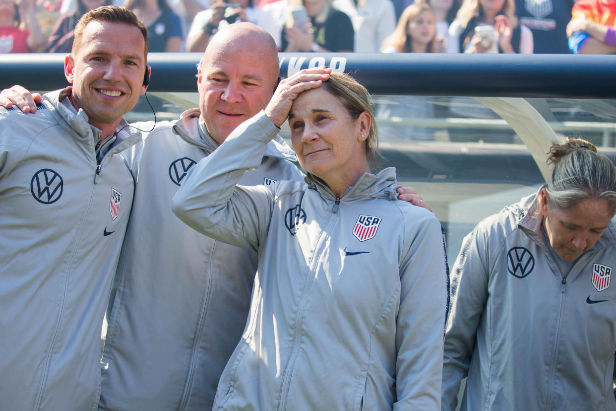 Jill Ellis was emotional while spending time with her assistant coaches before her final game as U.S. women's national team head coach. (USA Today Sports)