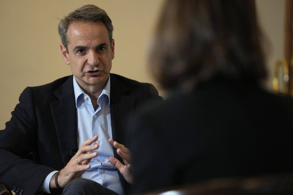 Greece's Prime Minister and New Democracy leader Kyriakos Mitsotakis speaks during an interview with The Associated Press, in Volos, central Greece, Thursday, May 11, 2023. (AP Photo/Thanassis Stavrakis)