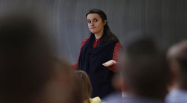 Teacher, Anisa Setkic-Sendic, explains sign language to the children. Source: AP/Amel Emric
