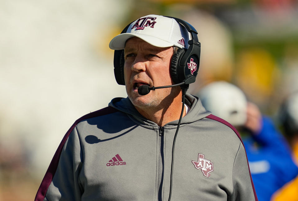 Oct 16, 2021; Columbia, Missouri, USA; Texas A&M Aggies head coach Jimbo Fisher reacts during the first half against the Missouri Tigers at Faurot Field at Memorial Stadium. Mandatory Credit: Jay Biggerstaff-USA TODAY Sports