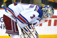 New York Rangers goaltender Igor Shesterkin collects himself after allowing a goal to Pittsburgh Penguins' Mark Friedman during the second period in Game 4 of an NHL hockey Stanley Cup first-round playoff series in Pittsburgh, Monday, May 9, 2022. (AP Photo/Gene J. Puskar)