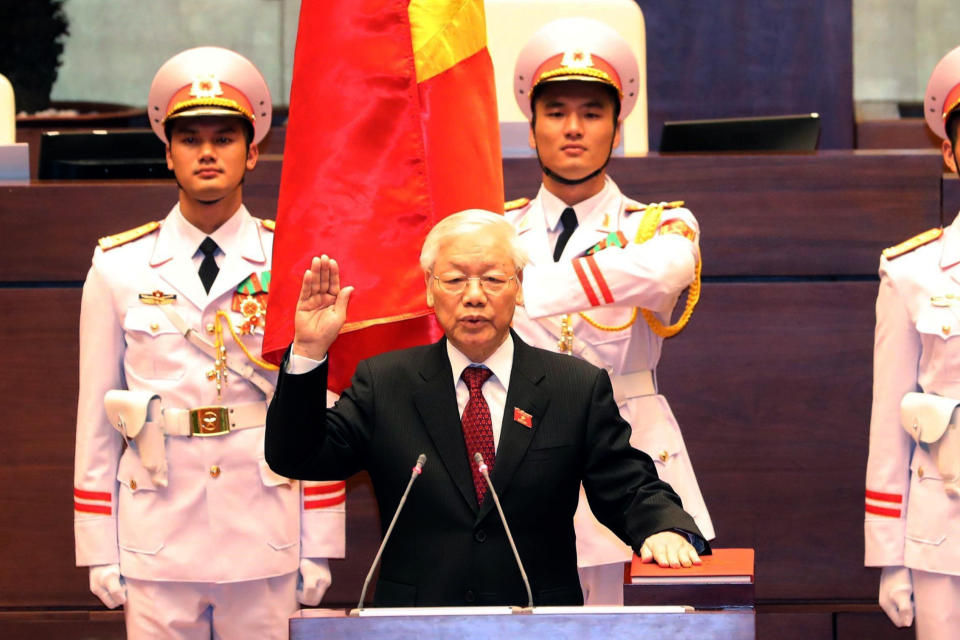 Vietnam communist party chief Nguyen Phu Trong takes oath as country's president at the National Assembly hall in Hanoi on October 23, 2018.