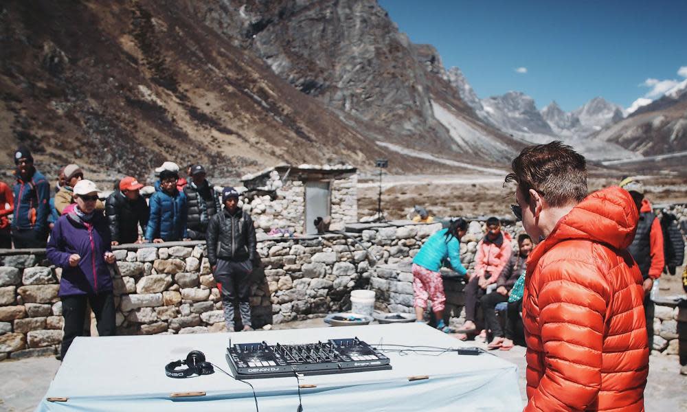 Paul Oakenfold performs a practice set at Pheriche village on his way to Mount Everest’s base camp.