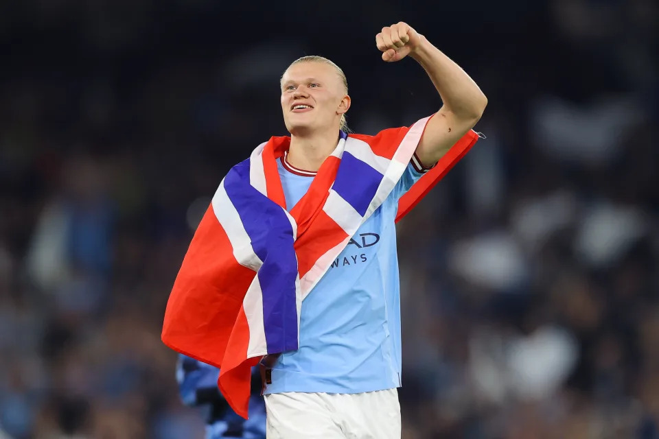 MANCHESTER, ENGLAND - MAY 17: Erling Haaland of Manchester City celebrates following the UEFA Champions League semi-final second leg match between Manchester City FC and Real Madrid at Etihad Stadium on May 17, 2023 in Manchester, England. (Photo by James Gill - Danehouse/Getty Images)