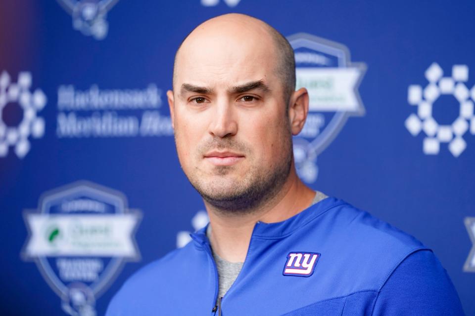 New York Giants offensive coordinator Mike Kafka talks to reporters before organized team activities (OTAs) at the training center in East Rutherford on Thursday, May 19, 2022.

Nfl Ny Giants Practice