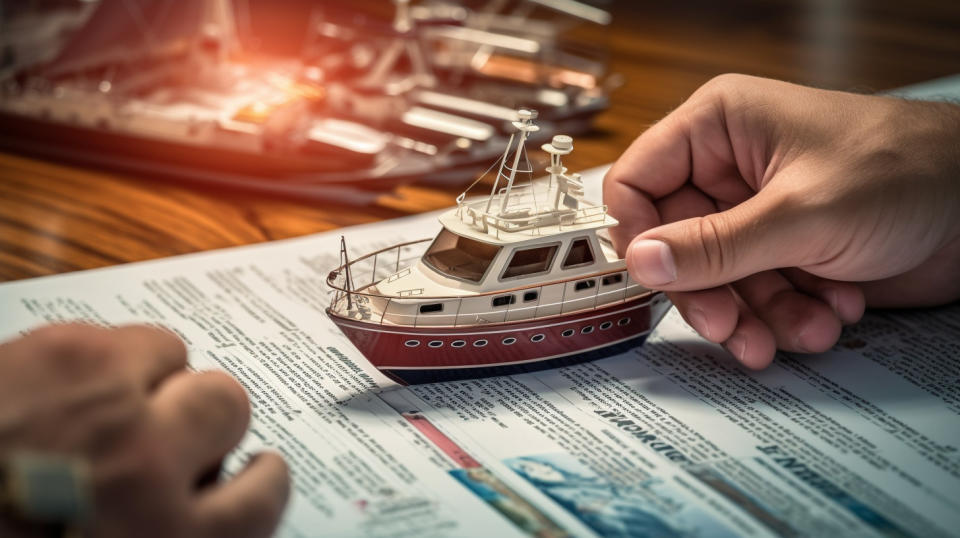 A close-up of an insurance agent's hand pointing to a marine insurance policy, highlighting the company's expertise in marine coverage.