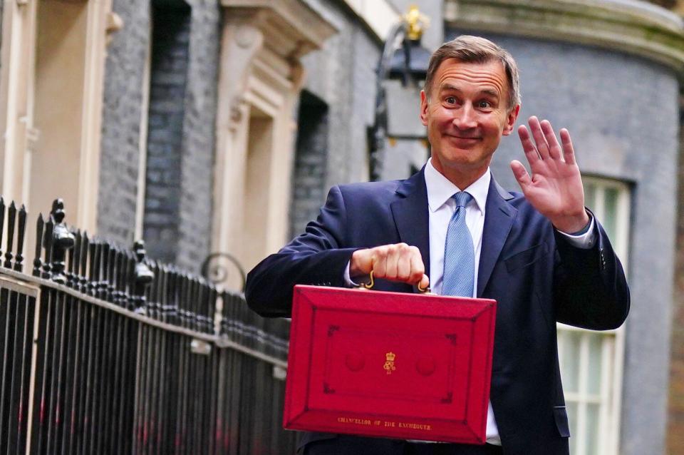 FTSE  REVIEW OF THE YEAR 2023 File photo dated 15/03/23 - Chancellor of the Exchequer Jeremy Hunt leaves 11 Downing Street, London, with his ministerial box before, before delivering his Budget at the Houses of Parliament. Issue date: Friday December 22, 2023.