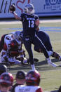 Nevada quarterback Carson Strong passes for a first down in the first half of an NCAA college football game against Diego State, Saturday, Nov. 21, 2020, Reno, Nev. (AP Photo/Lance Iversen)