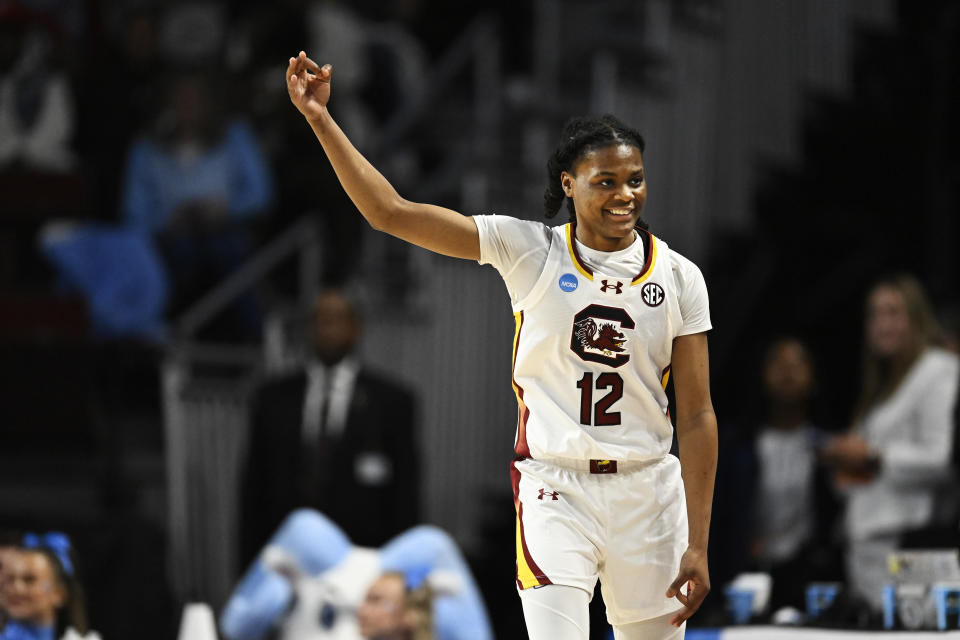South Carolina's MiLaysia Fulwiley celebrates a 3-pointer during her team's win over North Carolina. (Eakin Howard/Getty Images)