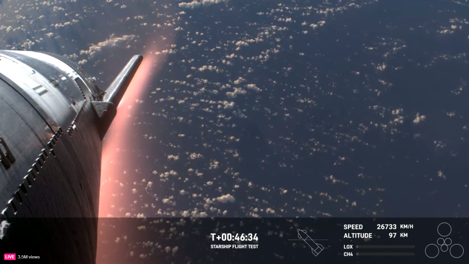 SpaceX's Flight 3 Starship rocket glows red as it heats up during reentry during a test flight on March 14, 2024.