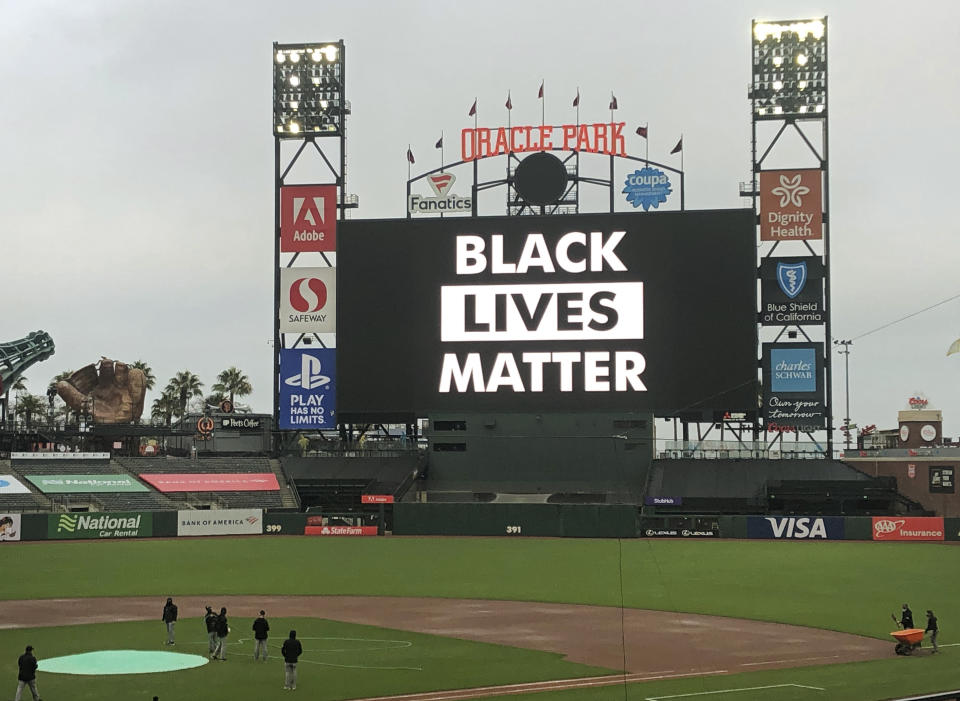 The scoreboard at Oracle Park reads Black Lives Matter at game time after a scheduled baseball game between the Los Angeles Dodgers and the San Francisco Giants was postponed on Wednesday, Aug. 26, 2020, in San Francisco. (AP Photo/Ben Margot)