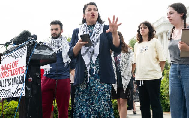 US Representative Rashida Tlaib (C), Democrat of Michigan, speaks alongside the leaders of the Pro-Palestinian protest encampment at George Washington University which was removed by police earlier today.