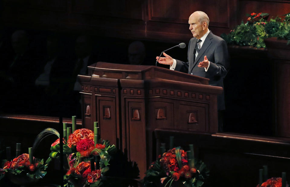 The Church of Jesus Christ of Latter-day Saints President Russell M. Nelson speaks during the twice-annual church conference Saturday, Oct. 6, 2018, in Salt Lake City. Mormon leaders delivered spiritual guidance and church news as the faith's conference kicks off in Salt Lake City one day after the faith announced it was renaming the famed Mormon Tabernacle Choir to drop the word Mormon. The decision to rename the singing group the Tabernacle Choir at Temple Square was the first major move since church president Nelson in August called for an end to the use of shorthand names for the religion that have been used for generations by church members and the public.(AP Photo/Rick Bowmer)