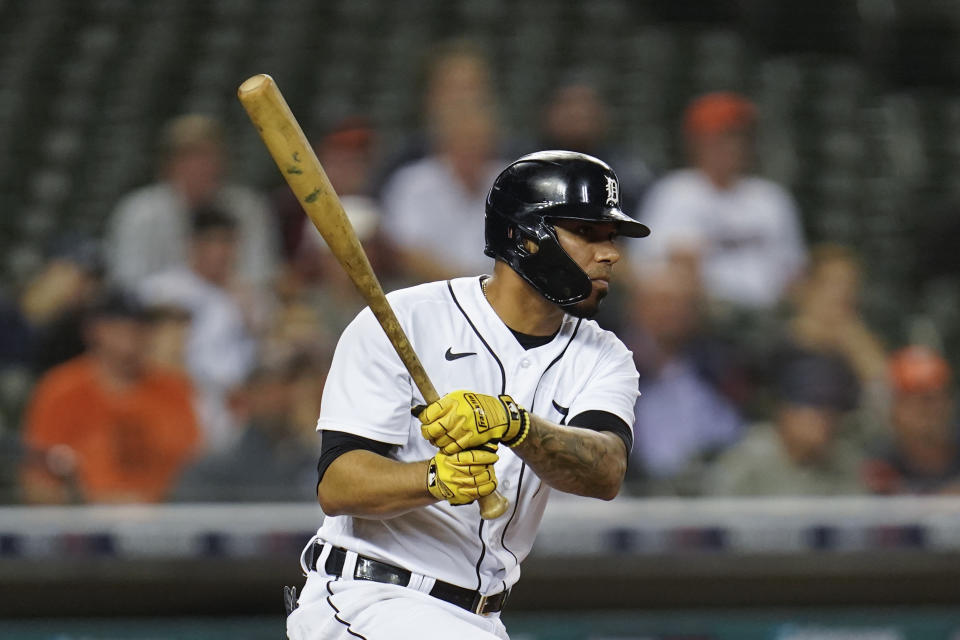 Detroit Tigers' Harold Castro hits a one-run single against the Chicago White Sox in the eighth inning of a baseball game in Detroit, Monday, Sept. 20, 2021. (AP Photo/Paul Sancya)