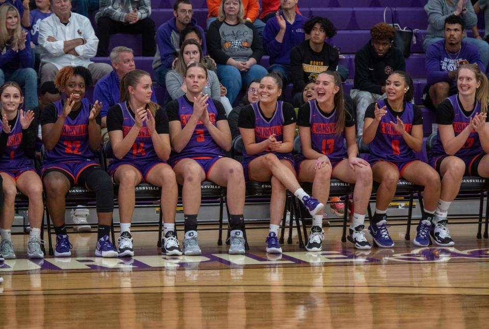 University of Evansville Purple Aces cheer for their teammate during Meeks Madness at the Meeks Family Fieldhouse in Evansville, Ind., Saturday evening, Oct. 15, 2022. 