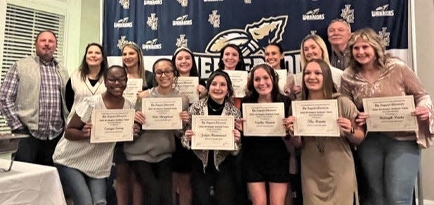 JCHS All Regions Softball Team: Back Row L-R: Coach Mitch Vaughn, Coach Lisa Vaughn, Tamya Curry, Honorable Mention Outfield; Lily Vaughn, Second Team Pitcher; Kinsley Sheppard, Second Team Infield; Mattison Morris, Second Team Designated Player; Paris Russell, First Team Infield; Amber Williams, Second Team Outfield; Coach Jim Borum, Raleigh Poole, Honorable Mention; Front Row L-R: Ava Sheppard, Honorable Mention; Jalyn Hammond, Second Team Infield; Sophie Brown, Second Team Catcher; Ella Brown, Honorable Mention.