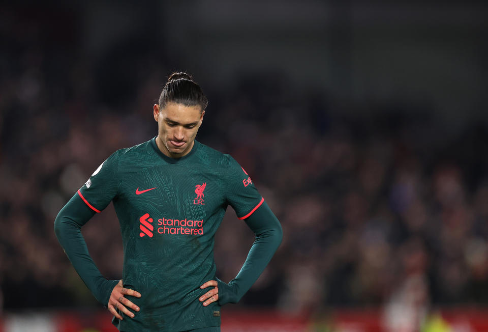 Liverpool striker Darwin Nunez looks dejected as he continues to struggle for goals since the Premier League restart after the World Cup. 