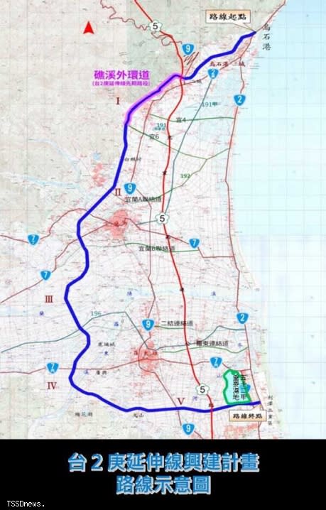 「台二庚延伸線興建計畫可行性評估報告」行政院核定准予辦理。興建計畫經費一四四億元，計畫範圍規畫路線圖。（記者董秀雲翻攝）