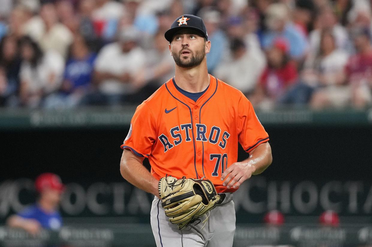 Houston Astros pitcher Blair Henley leaves the game in Monday night's 10-5 win over the Texas Rangers. The Astros called the former Texas Longhorns right-hander up earlier that day from Triple-A. He struggled in his debut, though: four hits, three walks and five runs in that first inning.