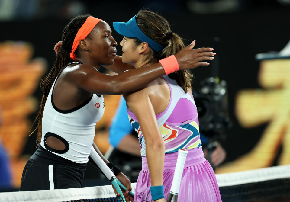 American Coco Gauff (pictured left) embraces Emma Raducanu (pictured right) at the Australian Open.