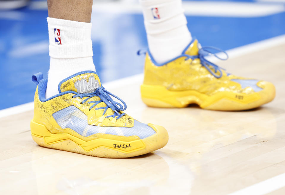 Feb 22, 2024; Oklahoma City, Oklahoma, USA; A close up of LA Clippers guard Russell Westbrook’s shoes during the second half against the Oklahoma City Thunder at Paycom Center. Mandatory Credit: Alonzo Adams-USA TODAY Sports