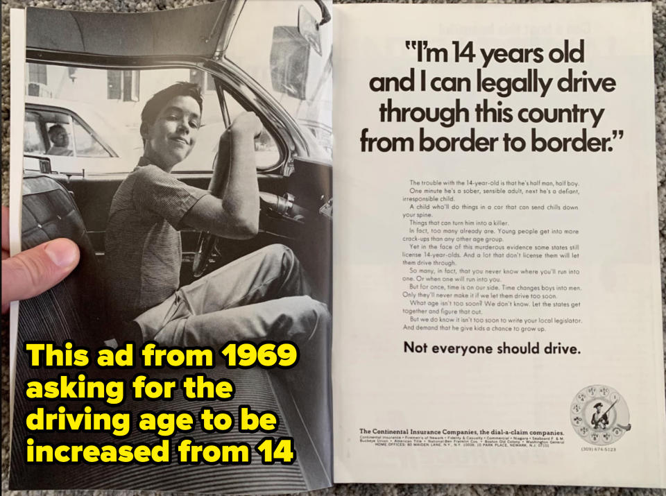 A young boy is smiling while sitting in the driver's seat of a car. The text beside him discusses the irresponsibility of allowing a 14-year-old to drive cross-country