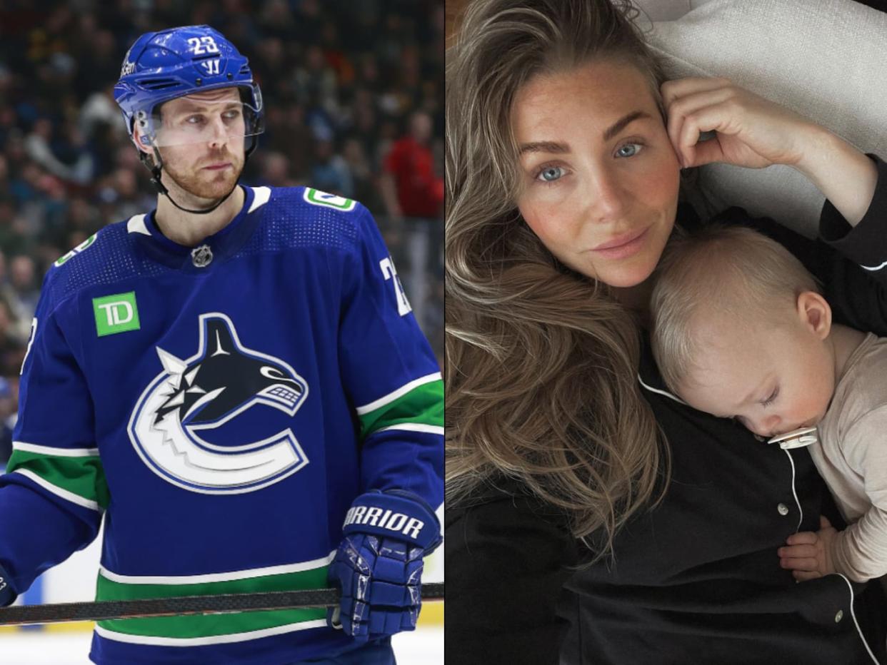 Vancouver Canucks center Elias Lindholm and fiancée Annica announced baby number two (Jeff Vinnick/NHLI via Getty Images; Instagram/@annica)