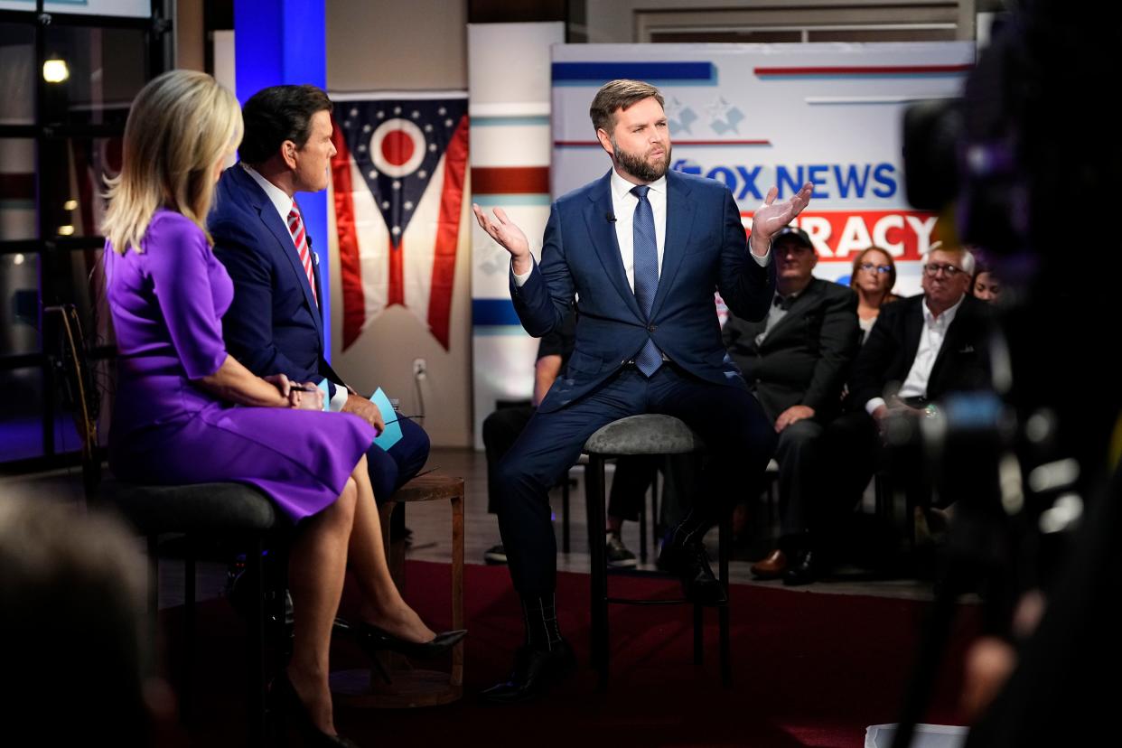 J.D. Vance participates in a U.S. Senate race forum hosted by Fox News' Martha MacCallum and Bret Baier, along with Tim Ryan, not pictured, at The Fives Columbus. Adam Cairns-The Columbus Dispatch