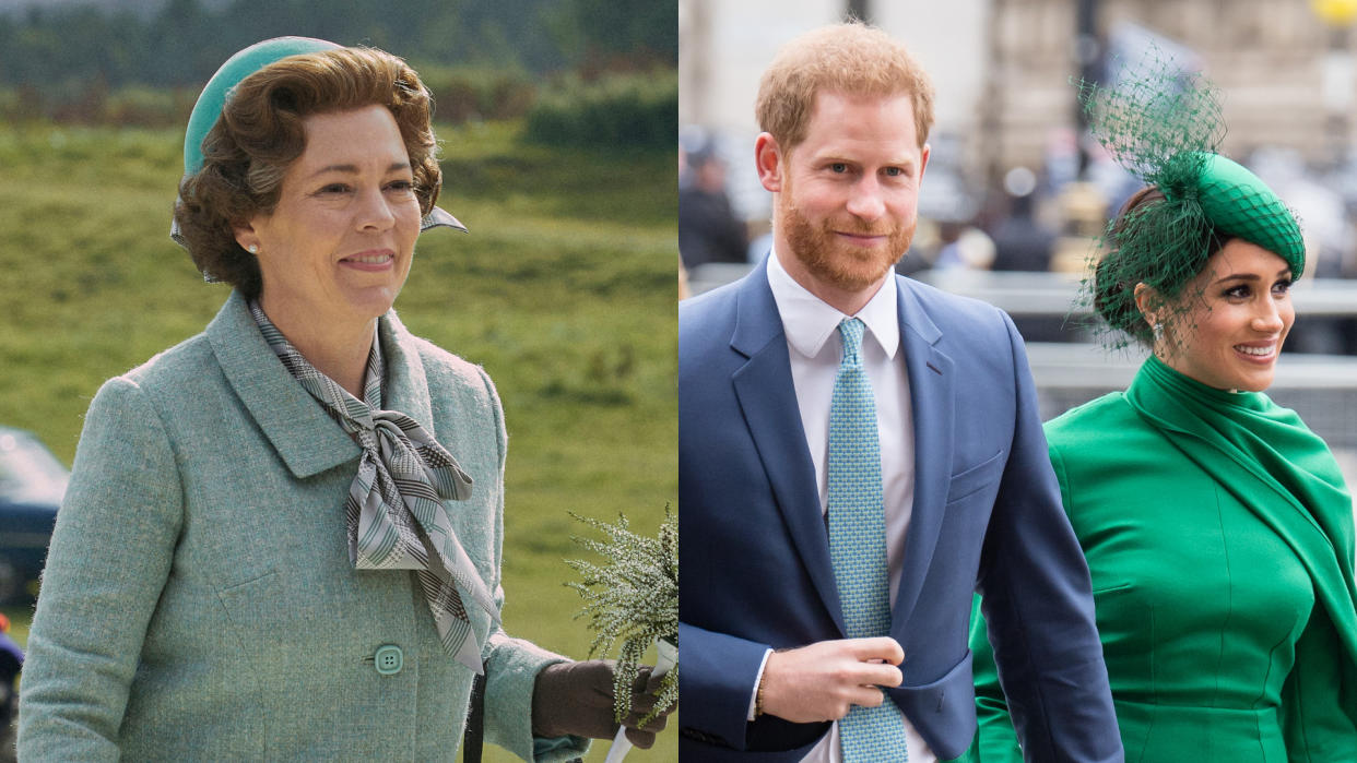 'The Crown' will not deal with recent events such as Prince Harry and Meghan Markle stepping away from royal life. (Mark Mainz/Des Willie/Netflix/Samir Hussein/WireImage)