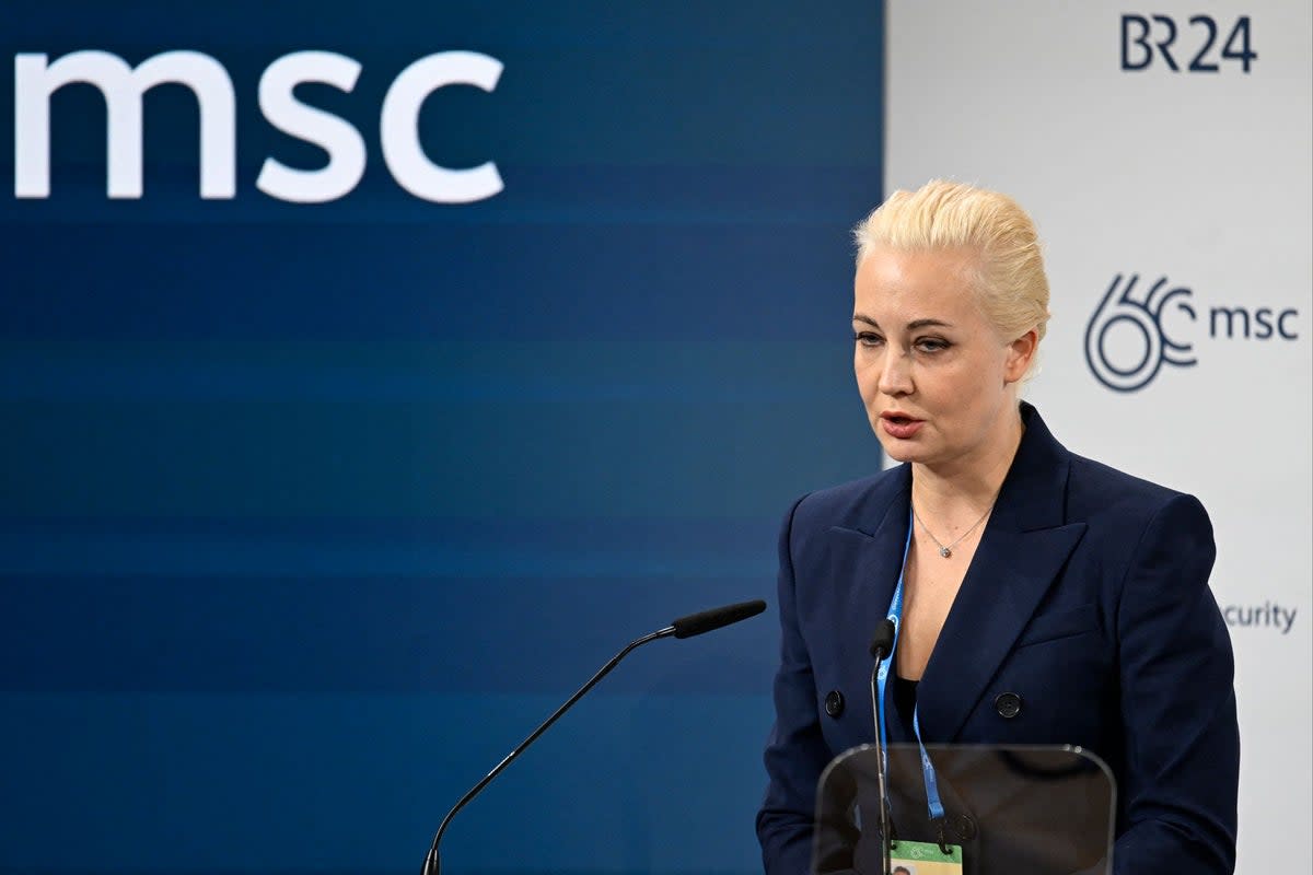 Yulia Navalnaya, wife of late Russian opposition leader Alexei Navalny, speaking at the Munich Security Conference on Friday (AFP via Getty Images)