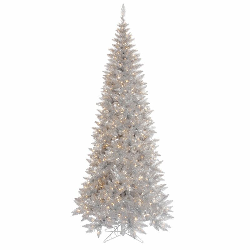 Silver Tinsel Fir Artificial Christmas Tree with LED Clear/White Lights with Stand. Image via Wayfair.