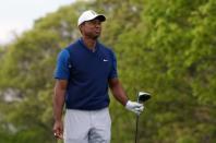 May 16, 2019; Bethpage, NY, USA; Tiger Woods reacts after his shot from the tenth tee during the first round of the PGA Championship golf tournament at Bethpage State Park - Black Course. Mandatory Credit: Peter Casey-USA TODAY Sports